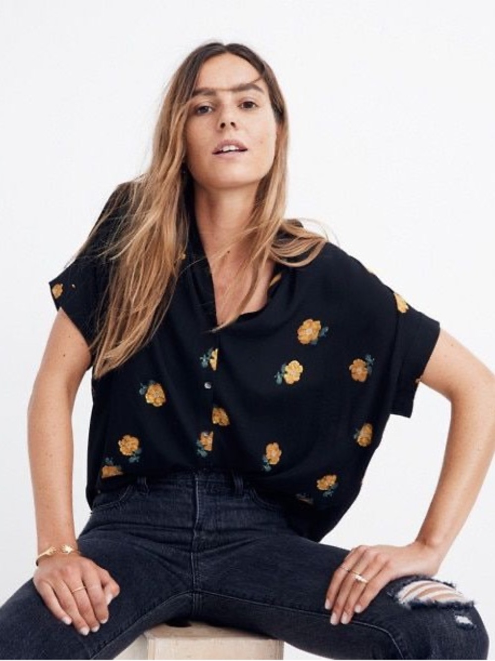 Madewell Black Short-Sleeve Button Front Floral Blouse